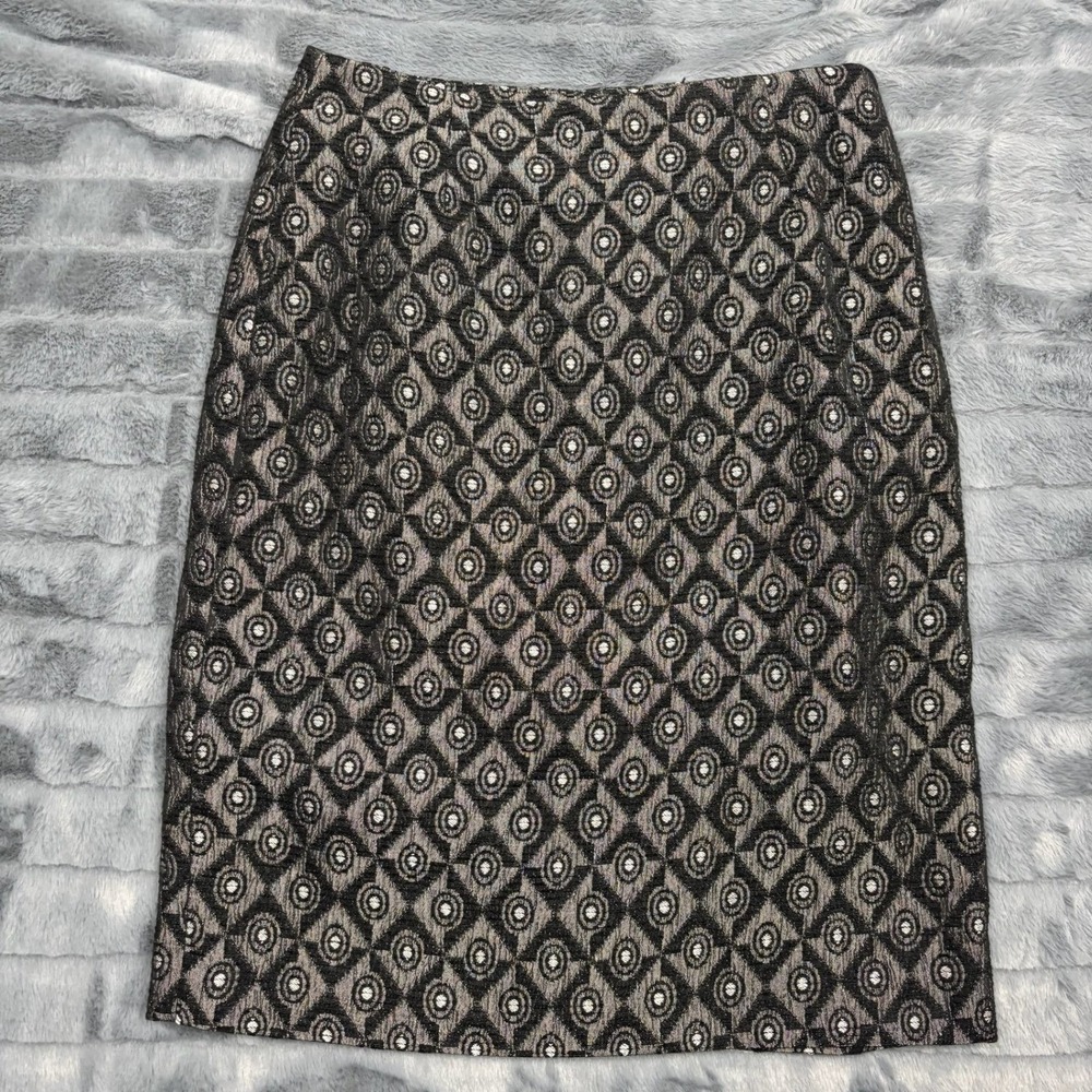 Victor Costa Womens Black Silver Geometric Jacquard Pencil Skirt Size 4 Metallic